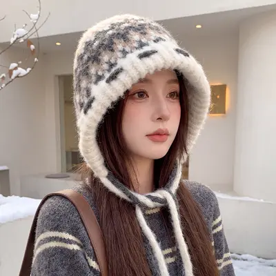 Women's Autumn Winter Jacquard Knit Beanie with Ear Protection, Heat-Retaining - 11