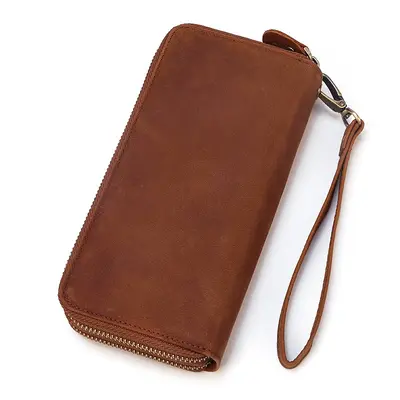 Erkek Crazy Horse Deri Uzun Cüzdan, Çift Fermuarlı, Retro Telefon Cüzdanı - 7