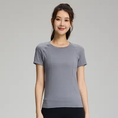 Kadın Dikişsiz Yoga Üstü, Tek Parça Örgü Kısa Kollu T-Shirt, Koşu ve Fitness - 8