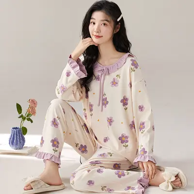 Women's Long Sleeve Two-Piece Pajama Set, Round Neck, Loose Fit - 7
