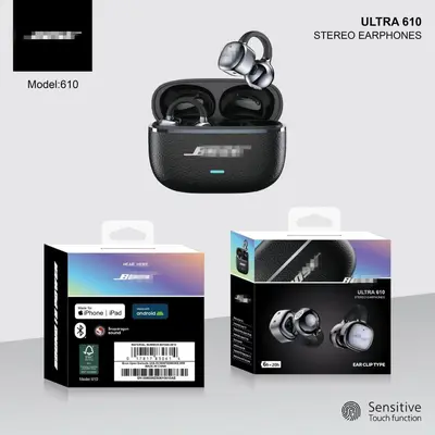 Ultra610 Bluetooth-Ohrclip-Kopfhörer im Leder-Design, halboffen, Sport, mit Rauschunterdrü