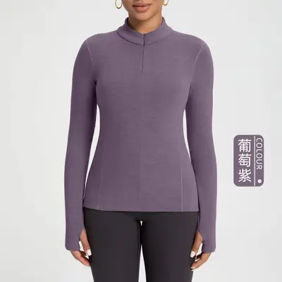 Women's Wool Yoga Top, Fleece-Lined, Half-Zip Long-Sleeve - 9