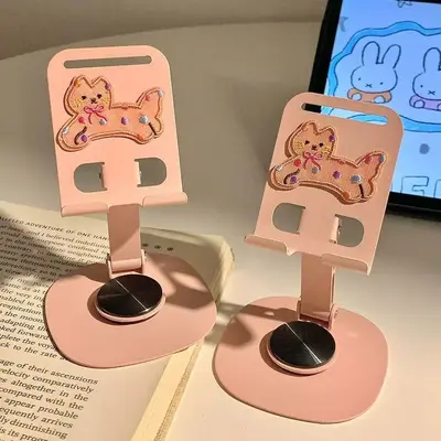 Metal Masaüstü Telefon ve Tablet Standı, Sevimli Pembe Kedi Tasarımlı - 9