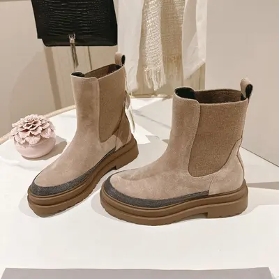 European and American fashion BC women's lace-free boots, genuine leather Chelsea short boots for autumn and winter, comfortable straight-leg short boots