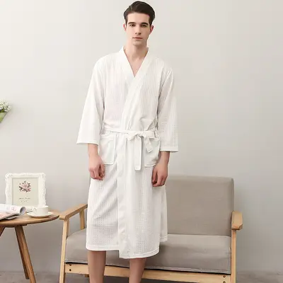 Frühlings- und Sommerbademantel für Frauen, dünner Waffel-Doppel-Nachthemd für Männer und Frauen, sommerlicher dreiviertellanger Ärmel koreanischer Stil Bademantel, absorbierend - 12