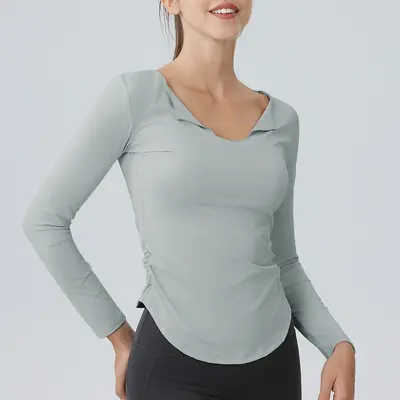 Women's Long-Sleeve V-Neck Yoga Top, High Stretch, Quick-Dry Fabric - 8