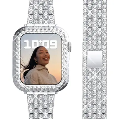 Apple Watch 12345678 uyumlu metal kordon, tam taşlı, beş boncuklu
