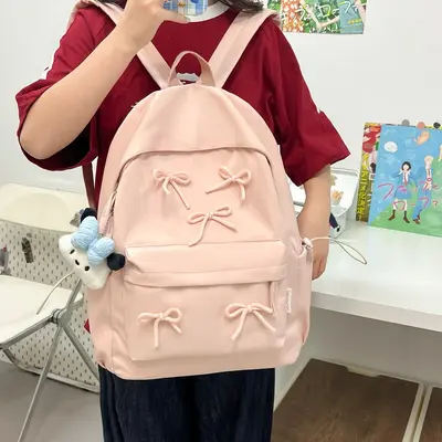 Korean Style Simple Girls' Bow School Backpack, Large Capacity with Laptop Compartment - 2