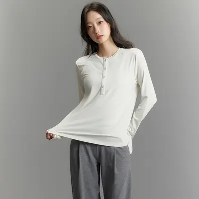 Damen-Yogashirt mit Henley-Kragen, langarm, schmal geschnitten