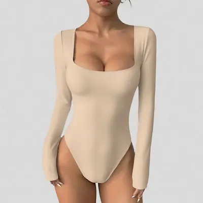 Kadın uzun kollu tek parça yoga tulumu, kare yaka, dar kesim fitness jumpsuit - 10