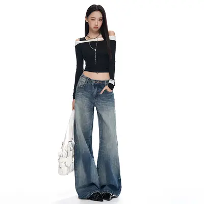 Çift Düğmeli Bel Vintage Düz Kot Pantolon Kadın Geniş Paça