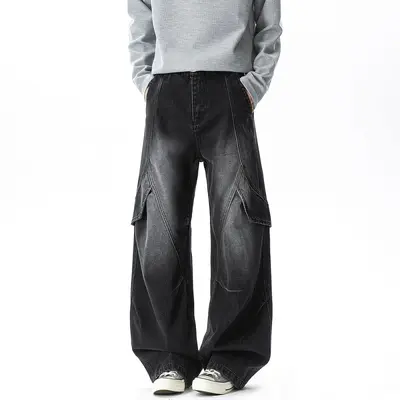 Men's Black Jeans, Loose Straight-Leg Wide-Leg Pants with Patchwork