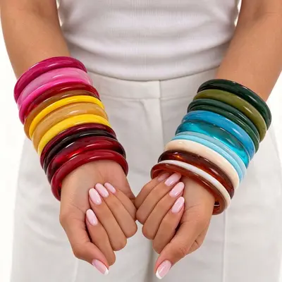 European and American Cross-border Fashion Color Gradient Resin Stacking Bracelets Vintage INS Style Arc-shaped Polished Closed Bangle Bracelets
