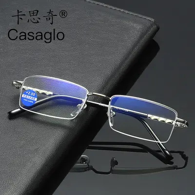 Anti-Blue Light Reading Glasses Ultra-Light Full Stainless Steel Semi-Rimless Eyeglasses High-Definition Plain Lens, Brand Kasiqi