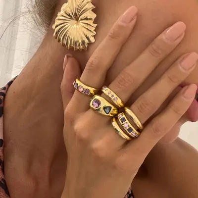 欧美跨境时尚ins风彩色宝石镶嵌戒指套装 金属质感光面指环Rings
