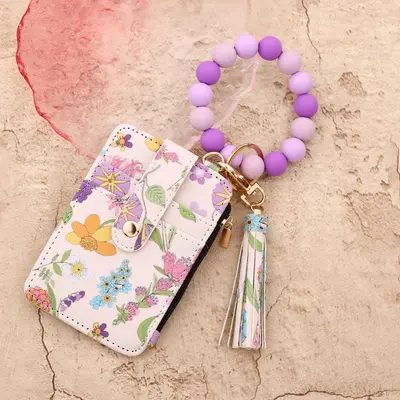 Floral PU Leather Women's Card Holder Wallet with Silicone Bead Bracelet - 10