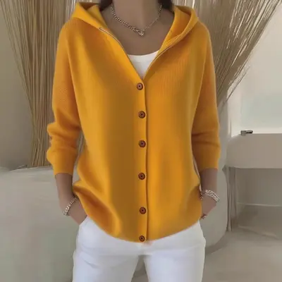 Kadın Örme Kapüşonlu Hırka Ceket, Sonbahar Kış, Düz Renk - 12