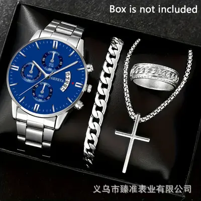 Men's watch set, black gold steel band with cross pendant - 7