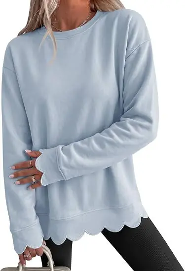 Women's Solid Color Round Neck Long Sleeve Fan-Cut Sweatshirt - 11