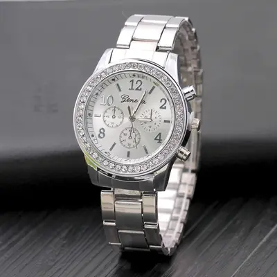 Women's Quartz Watch with Diamond Alloy Steel Strap, Geneva Style