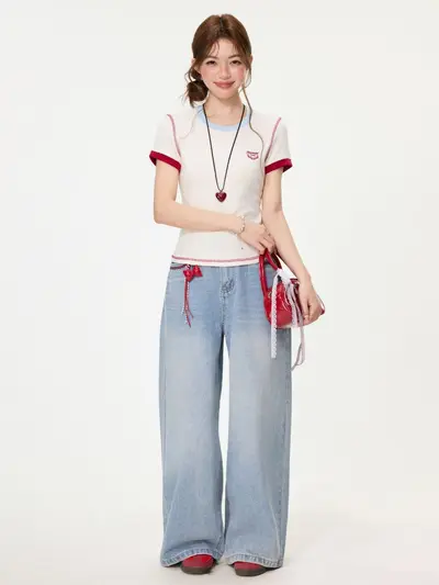 Apricot Embroidered Short Sleeve Women's T-Shirt Slim Fit Summer 2026