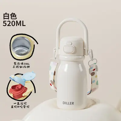 Doppeldeckel-Thermobecher aus 316er Edelstahl, schlichtes Design, mit Sporttragegriff, Schüler-Wasserflasche, individualisierbarer Geschenk-Trinkbecher mit Gravur