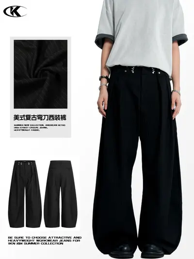 Black Striped Trousers for Men and Women, Curved Blade Cut, Wide-Leg Long Pants