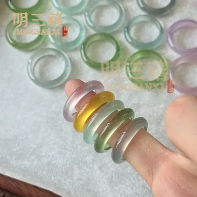 天然高冰马料白玉髓戒圈香槟金玛瑙戒指冰透粉玉石指环天空蓝戒指 - 2