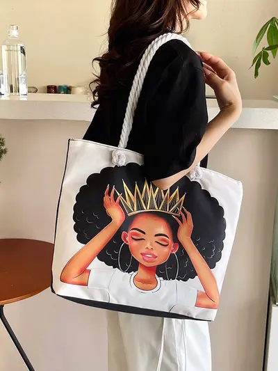 Printed Canvas Tote Bag for Women, Large Capacity Shoulder Shopping Bag - 4