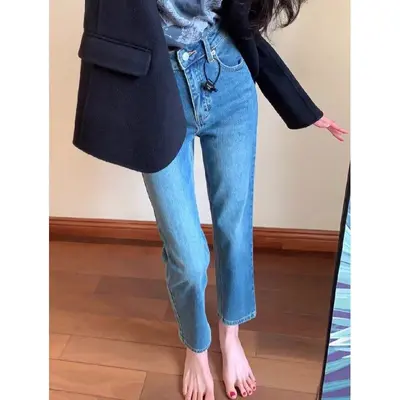 Retro Mavi Düz Paça Kadın Kot Pantolon, Küçük Boy, Erken İlkbahar - 7