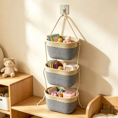 Three-Tier Wall-Mounted Storage Basket with Cotton Rope