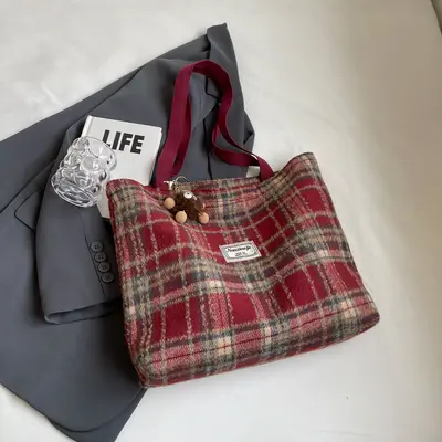 Large Capacity Plaid Woollen Shoulder Tote Bag for Autumn and Winter - 8