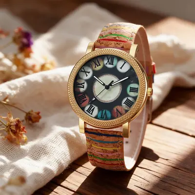 Women's watch, wooden grain leather strap, digital display - 12