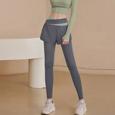 Yüksek Bel Sahte İki Parça Yoga Tayt, Transparan Olmayan, Kalça Kaldırıcı - 10