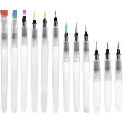 Watercolor Brush Pen Set with Flat and Colored Tips and Water Reservoir