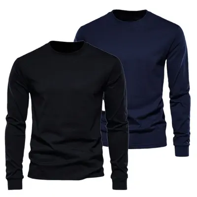 Men's White Long-Sleeve T-Shirt, Fleece-Lined, Pure Cotton