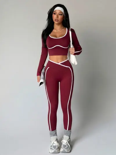 Women's Color-Block Yoga Set, U-Neck Open-Back Two-Piece