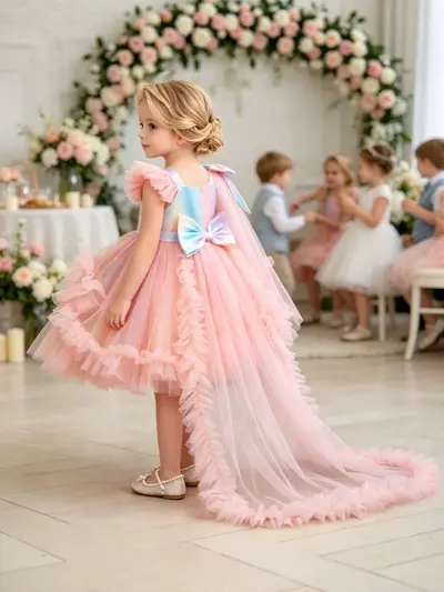 Mädchen-Babykleid zum ersten Geburtstag, Schrägschulter-Tutu mit Schleppe