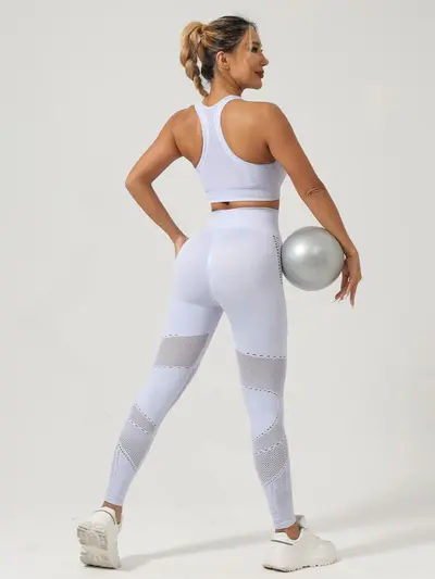 Göğüs Pedli Yoga Kıyafeti Takımı, Fitilli Örme, Kalça Kaldırıcı Tayt ve Atlet - 10
