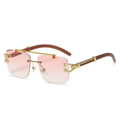 Frameless Square Sunglasses, Leopard Print, Wood-Grain Temples, UV Protection - 11