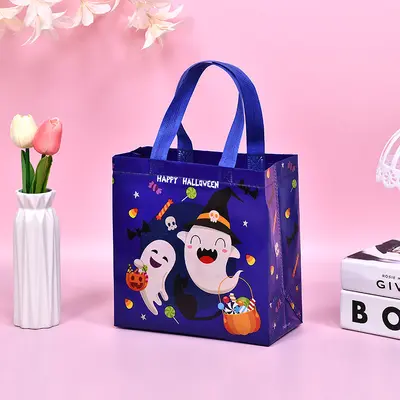 Halloween Non-Woven Shopping Bag, Pumpkin and Bat Design Kids Candy Gift Tote Bag