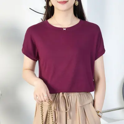 TikTok Fledermaus-Ärmel T-Shirt für Frauen, Rundhalsausschnitt, Sommer einfarbig, einfaches Farbblock-Design mit kurzen Ärmeln, Freizeit für Frauen, vielseitig, lockeres Kurzarm-T-Shirt. - 11