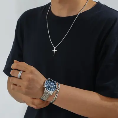 Men's 4-piece silver jewelry set with watch, bracelet, necklace, ring