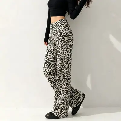 Leopar desenli geniş bacaklı yoga pantolonu, yüksek bel
