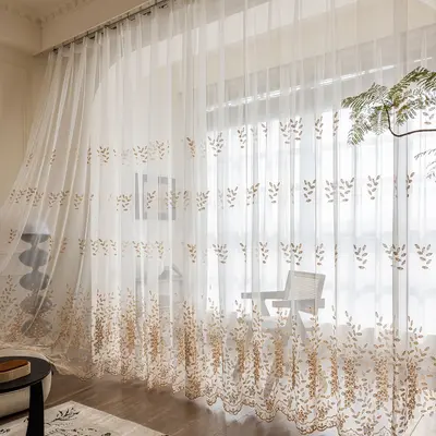 Modern Minimalist Yaprak Nakışlı Tül Perde, Hazır Pencere Perdesi