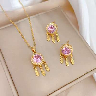Full Zirconia Copper Earring and Necklace Set - 7