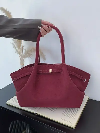 Women's Tote Handbag, Large Capacity, Suede-Look Pleated Underarm Bag - 4