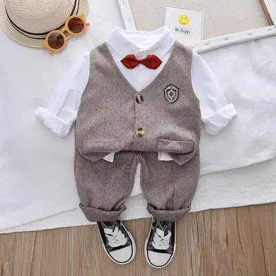 Boys' Spring Autumn Plaid Vest and Shirt Three-Piece Set - 7