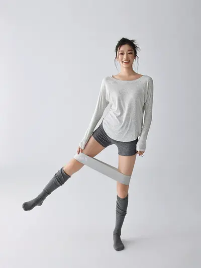 慵懒感瑜伽长袖性感宽松圆领打底衫休闲运动舞蹈瑜伽服速干T恤女 - 4