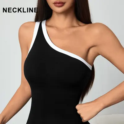 Cross-border European and American Women's Contrast Color Off-Shoulder Jumpsuit Yoga Wear, Peach Hip Full-Length One-Piece Pilates Sports Fitness Wear
